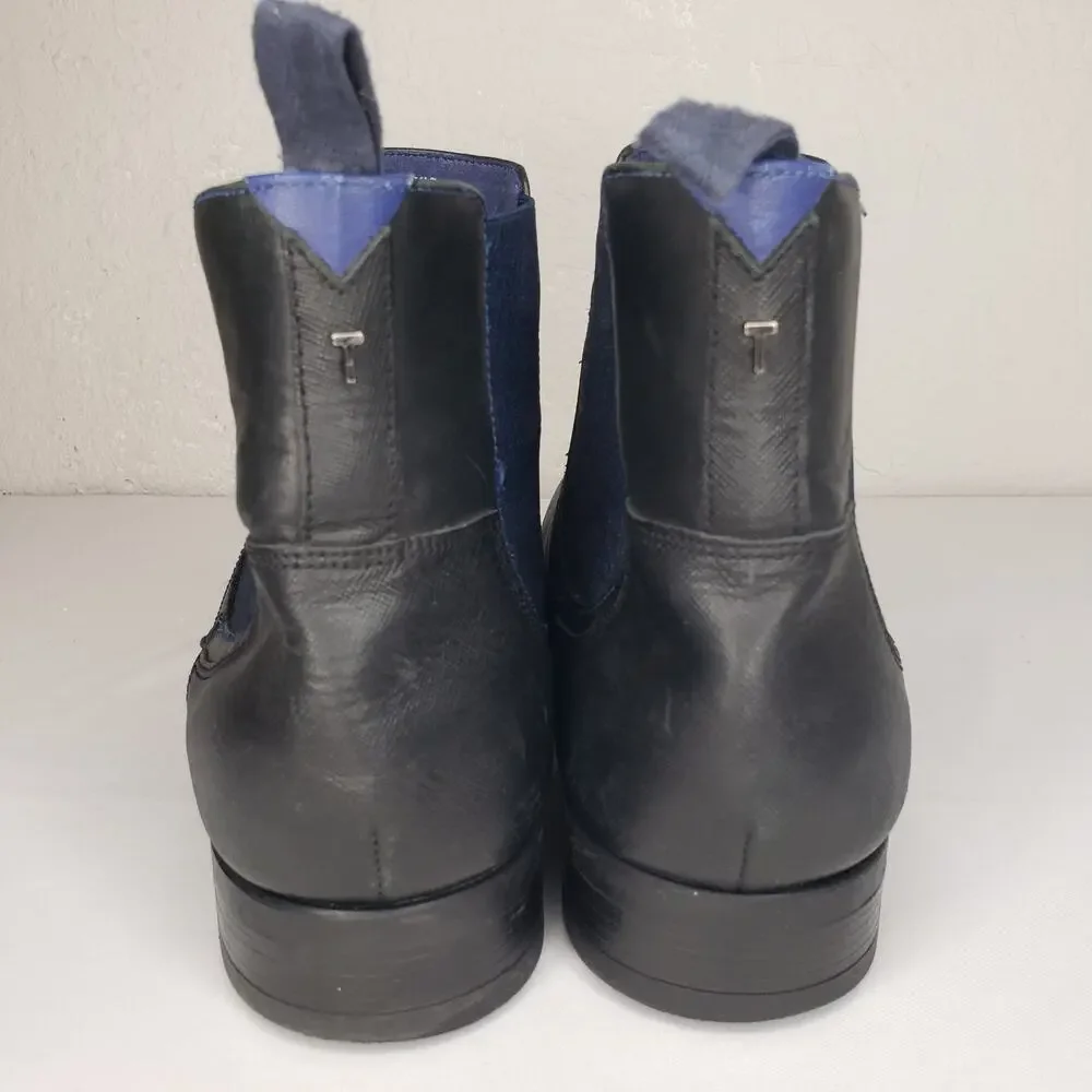 Ted Baker London Black Leather Chelsea Boots with Navy Elastic Panels